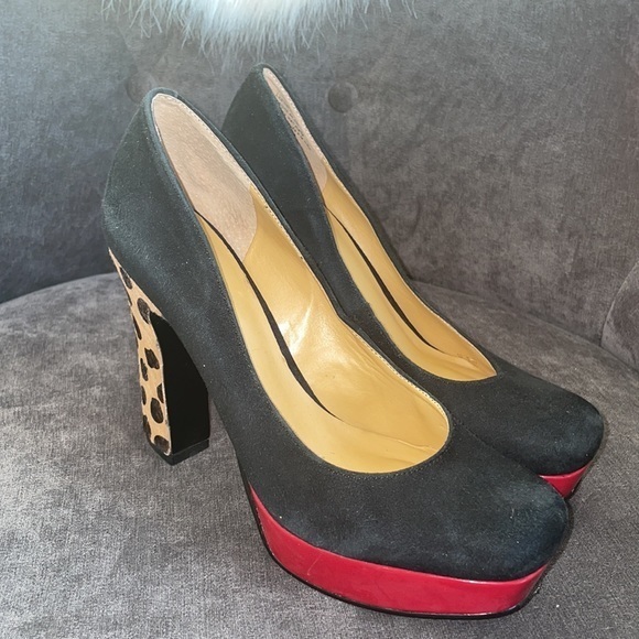 Nine West Heels red Black leopard print pumps like new size 6.5 shoes platforms - Picture 8 of 12